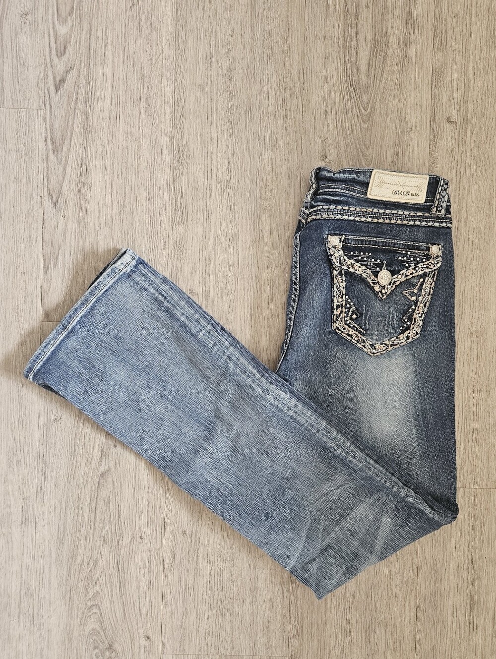 Grace in LA Women's 33w Faded Blue Boot Cut Jeans with Embellished Pockets